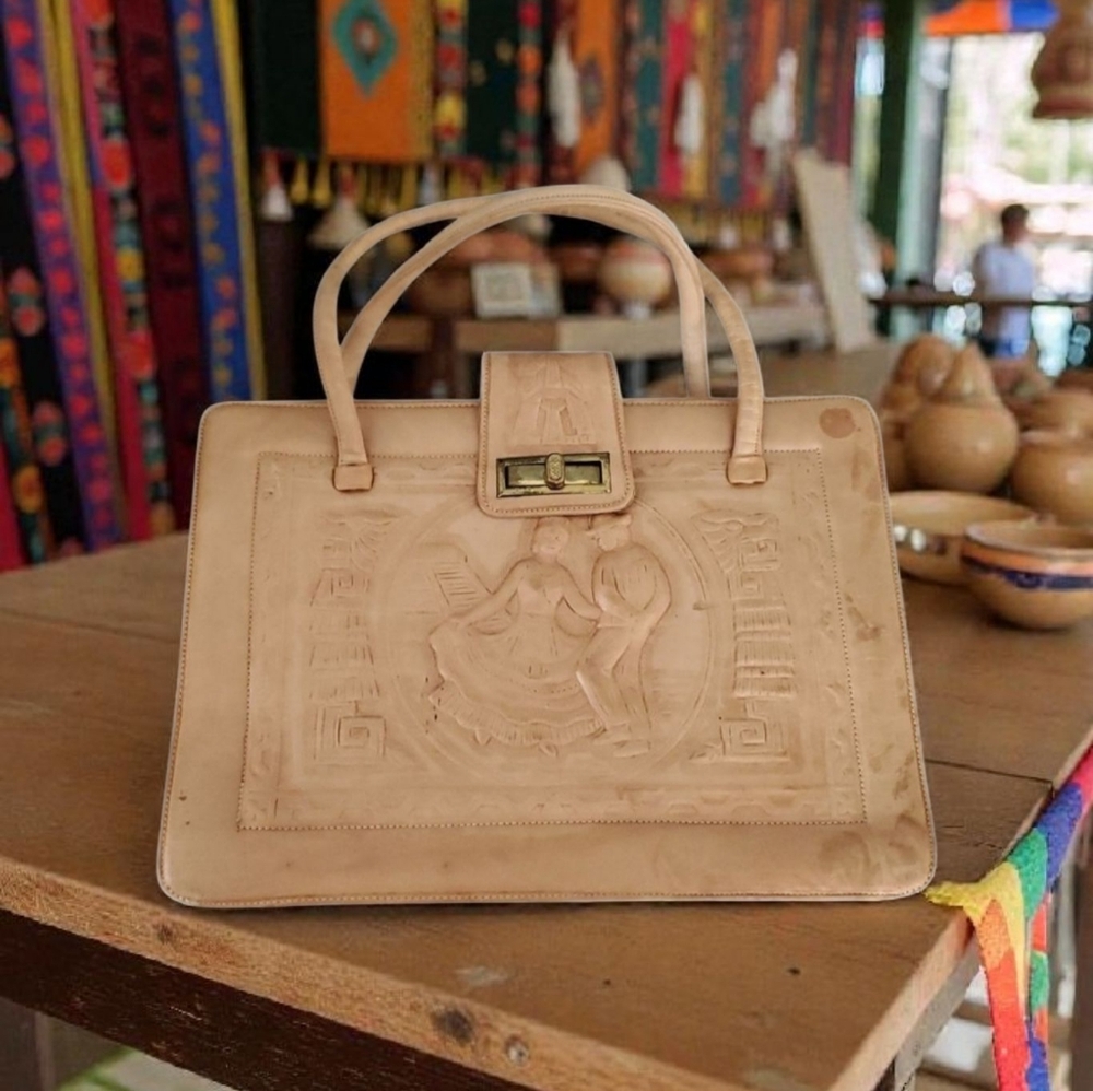 Vintage Beige Leather Mexican Satchel Bag